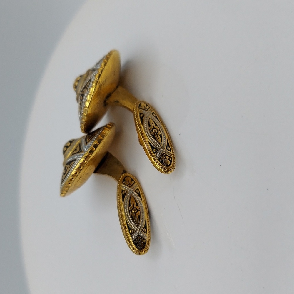 Vtg Damascene Intricate Gold and Silver Mens Cufflinks. - Picture 7 of 10